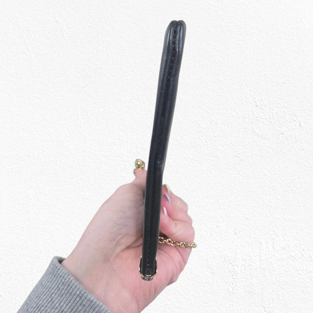 Vintage 1950s Black Leather Evening Bag Gold Frame Lift Clasp Chain Strap Etra
